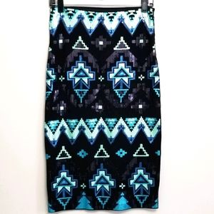 Express sequin aztec black & blue pencil skirt